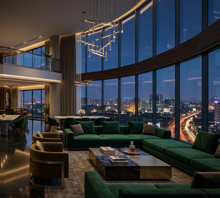 Double-height living room with green velvet sofas and a tall glass wall at night