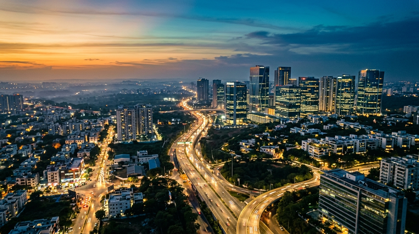 Hyderabad at dusk with office towers and a lit expressway