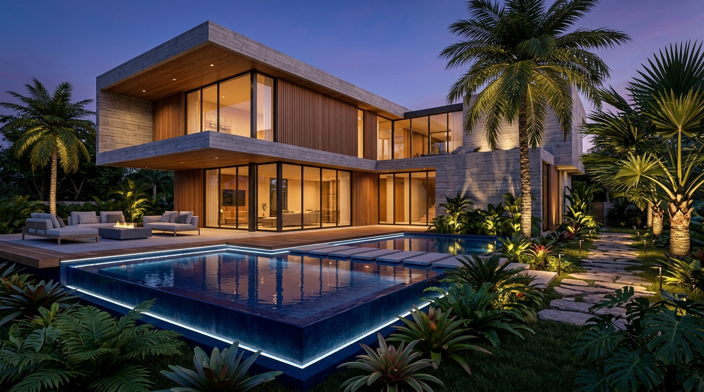 Modern two-storey villa with a lit lap pool and tropical garden at dusk